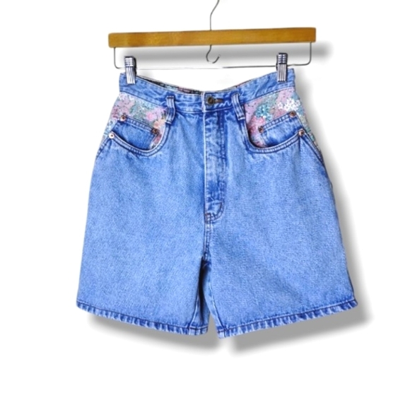 Vintage Rio High-Rise Jean Shorts 25 Floral Patchwork 90s Roller Rink Shorts - Picture 1 of 8